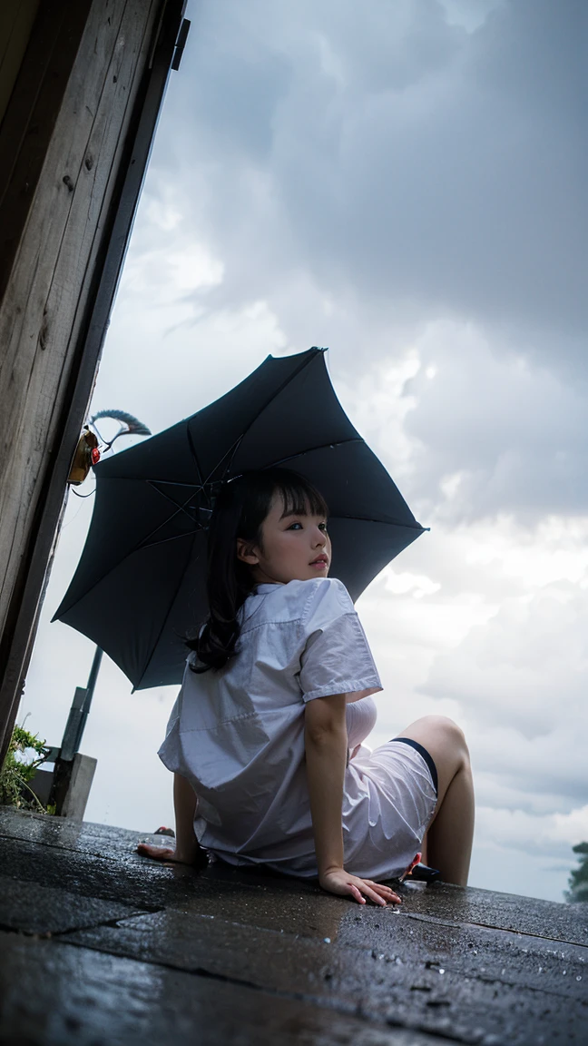 ((crane))、Rainy Sky、((1girl)),from below