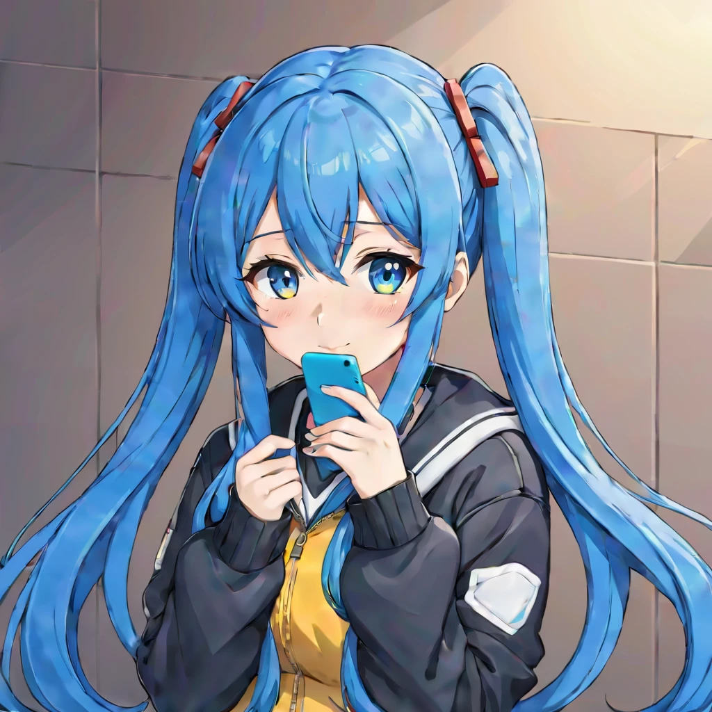 Anime girl with long blue hair and black and yellow jacket,  Big band-aid on the tip of the nose、Anime Style 4k, Anime Moe Art Style, Twin tails、Amazing Anime 8K, , high quality Anime art style, Kantai Collection Style, Blue long hair girl, Anime art style, 