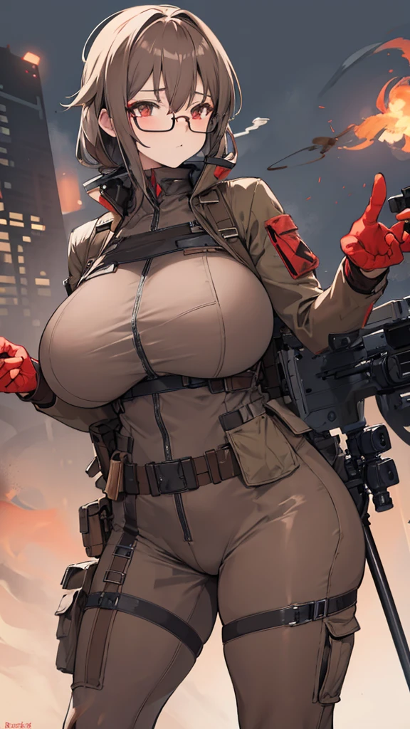 brown and gray sniper girl wearing brown militray suit,Huge Breasts,ruins,red glasses,Thick smoke