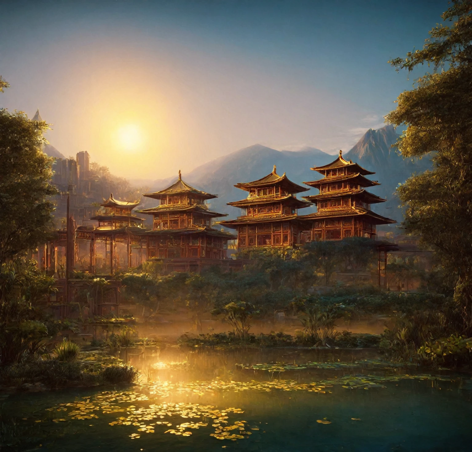 A stunning golden city, beautiful landscape, golden light, sun shining in the sky, detailed oriental house, intricate architecture, lush vegetation, serene pond, magnificent monuments, ornate details, photorealistic, 4k, ultra-detailed, realistic lighting, vibrant colors, cinematic composition, masterpiece