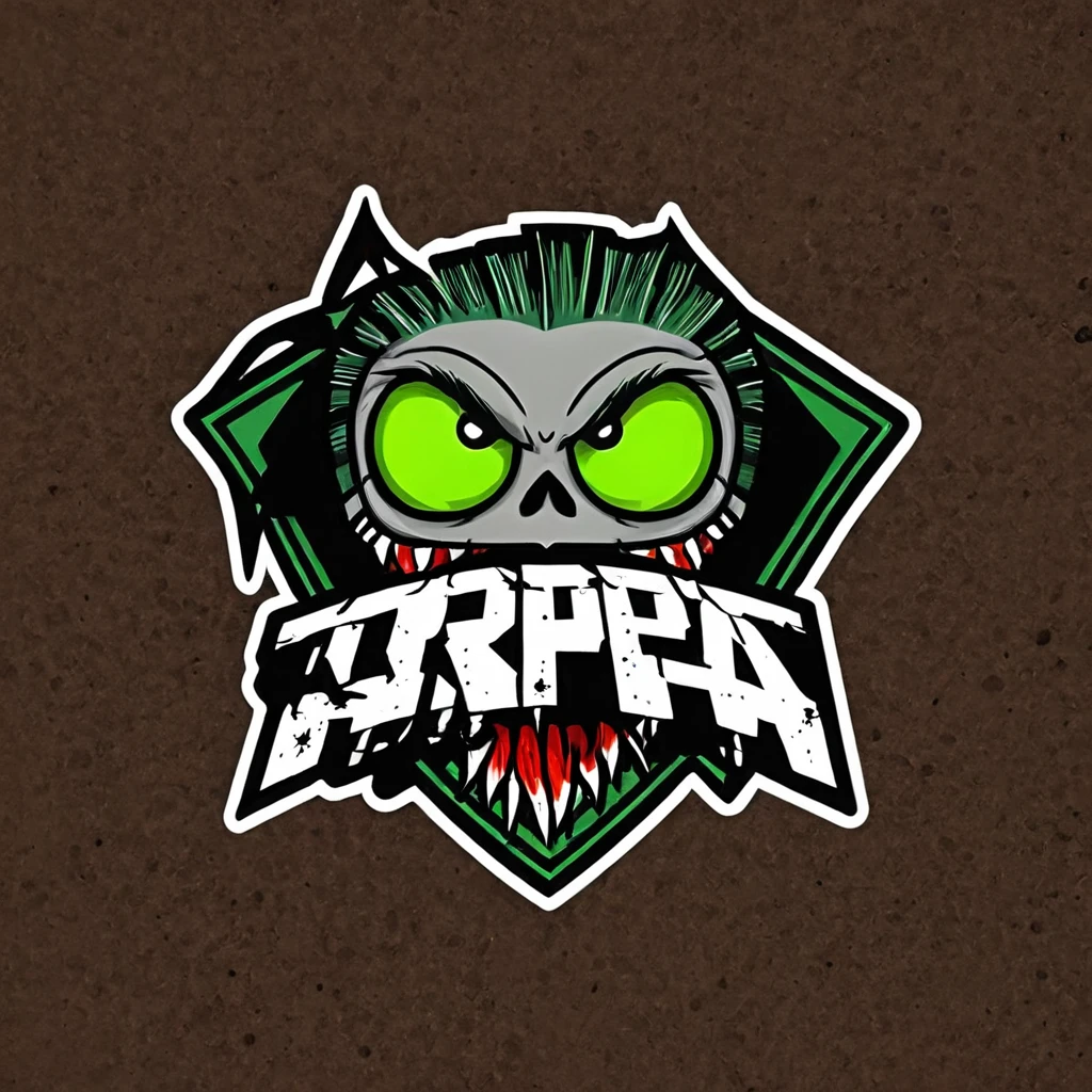 logomkrdsxl,um logotipo ousado de um rato punk com espinhos , Vetor, text "Tropa do Ralo", melhor qualidade, Obra de arte, Horror, Marca, fundo escuro, pele verde, Olhos vermelhos brilhantes,