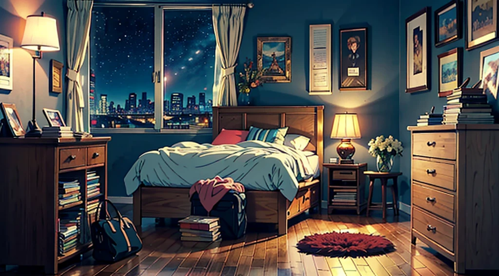 (((Movie angle))), Bed in a room with bookshelves, Night sky outside the window, City outside the window, Bedside tables, Table lamp, Socks scattered on the floor, Cushions on the floor, (Tabletop:1.5, highest quality:1.5), ((Vaporwave Style, Partially colored)), (((vanilla))), Retro Anime, 1990s anime, 1980s anime, Retro Anime style, masterpiece, highest quality, Beautiful Anime, (ultra-Detailed Background, Detailed Background), High resolution, Very detailed, Lo-fi illustration, anime art wallpaper 4k, anime art wallpaper 4k,