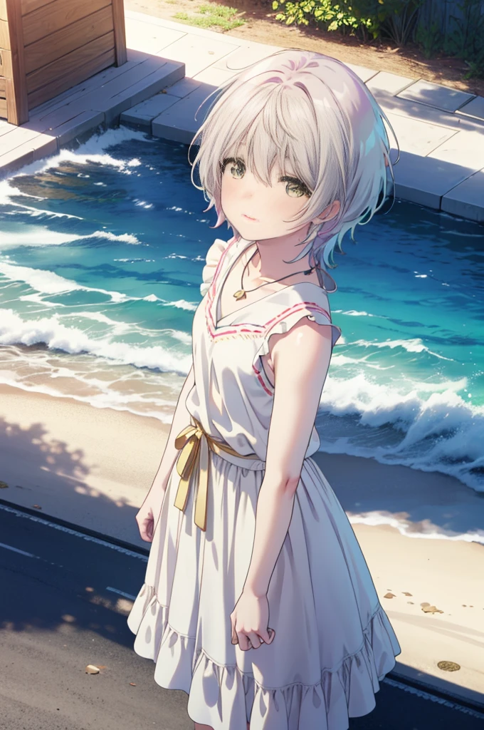 fuukakikuchi, fuuka kikuchi, 1Girl Girl,short hair, bangs, Hair between the eyes, (Green Eyes:1.3), Straw hat,Brown seashell necklace,Gray Hair,smile,blush,White vest,Red Tank Top,Long skirt,Cute Sandals,whole bodyがイラストに入るように,Daytime,Clear skies,walking,morning,morning陽,The sun is rising,
break outdoors, Coastal Road,Sandy Beach,Building district,
break looking at viewer,whole body,Upper Body,
break (masterpiece:1.2), highest quality, High resolution, unity 8k wallpaper, (shape:0.8), (Fine and beautiful eyes:1.6), Highly detailed face, Perfect lighting, Highly detailed CG, (Perfect hands, Perfect Anatomy),