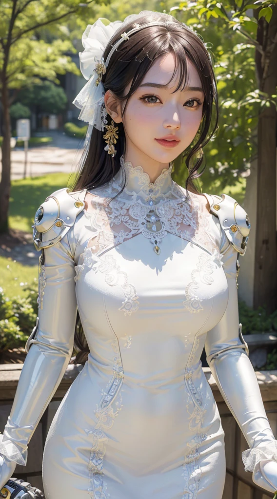 (High-res, 4K, Masterpiece:1.2),Ultra-detailed,(Realistic,photo-realistic:1.37),Girl robot married in Japan,Mechanical limb,Mechanical torso,Made of shiny gold and white clear glass and plastic, Delicate lace dress,joyful expressions, , Vibrant colors, sakurabackground, Bright sunlight。