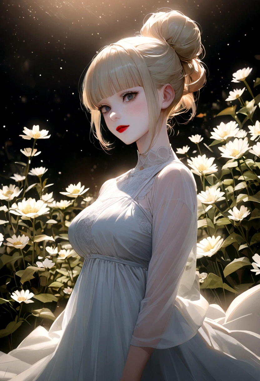 RAW Photos, 8k, (highest quality), Realistic, (live-action, Intricate details), (Natural skin texture, Detailed skin, Hyperrealism, Sharpness), (Japanese teenage girl Dancing in a flower garden at night, White flower, Dancing), ((White Dress, See-through dress, White flowerの髪飾り, Looking into the distance)), (Pale skin:1.2), Slender body, ((Light blonde hair:1.3,  Bun hairstyle, Blunt bangs)), (Beautiful face, Lips parted:1.3, eye shadow, Eyeliner, Tear bags:1.2, Red lips, Dark circles under the eyes, A shy smile), at night, Starry Sky, Full Body Shot,Large Breasts