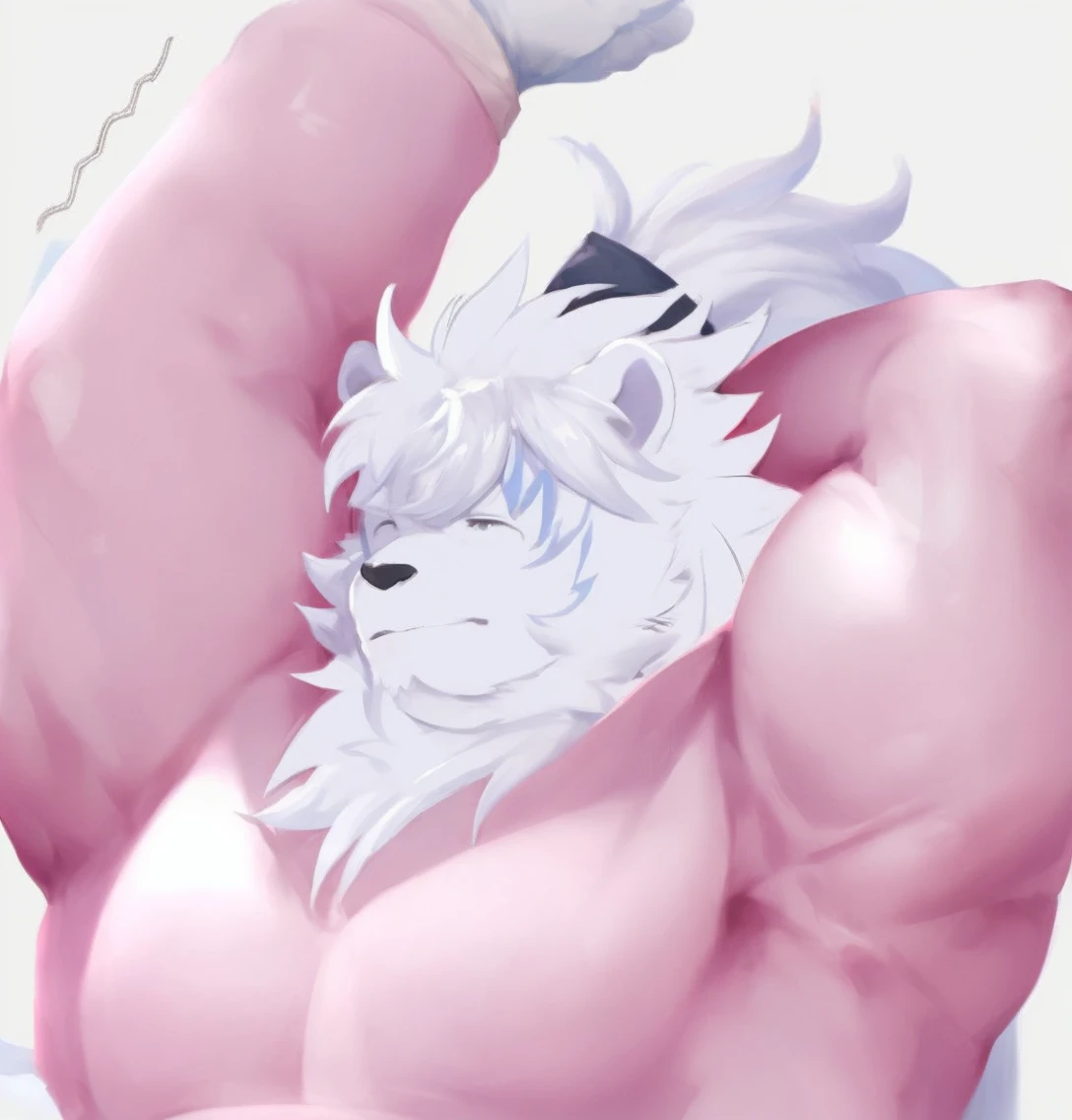 A furry male (white cat), (Wearing a pink long-sleeve sweater:1.0) (chubby), (bara) (anthro, male cute, barazoku, anime, by lindong, by nurinaki, by syuro, by littleblackalas, (kemono, bara), anime, shadows, smooth skin, masterpiece, best quality, by (by Pino Daeni, (by ruaidri), yupa, kiyosan), (starbuck), by ((darkgem)), (chunie), (rakisha), (narse), (presenting:1.1025),smooth skin, (safe for work) (Stretching with arm up:1.0) (clothing) (lazy)  (white background) (tall male:1.0)