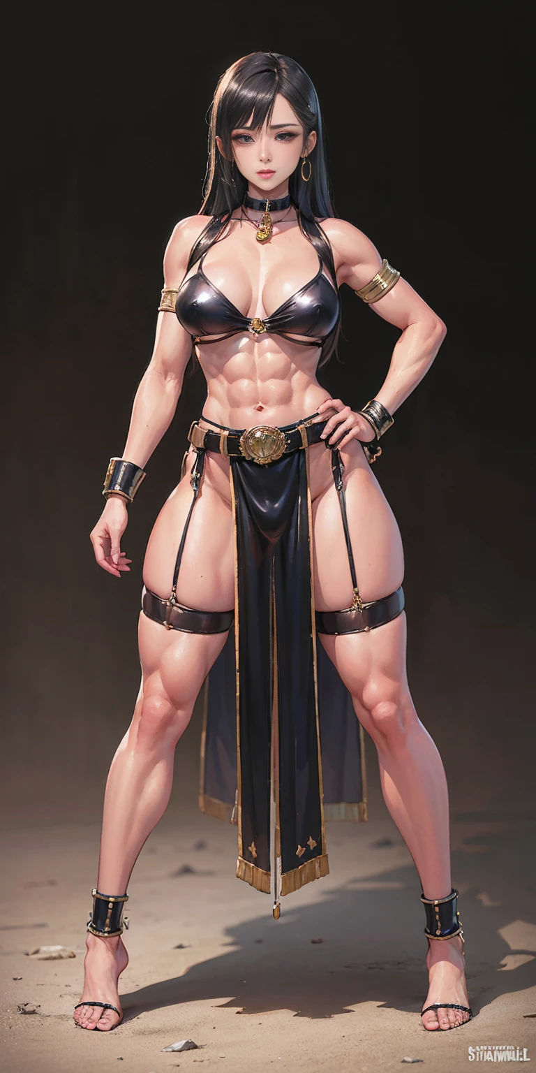 full body toe to head, masterpiece, 1soloMILF BIMBO standing loincloth pose, leather collar choker neck bell shackles wristbands bracers bracelets sleeves and stockings, strong body, abs, shiny skin (masterpiece, best quality) 1girlsolo wearing 40K Warhammer sisters of battle whsororitas wearing a big belt (Nylon Belt for Women) (plain background)