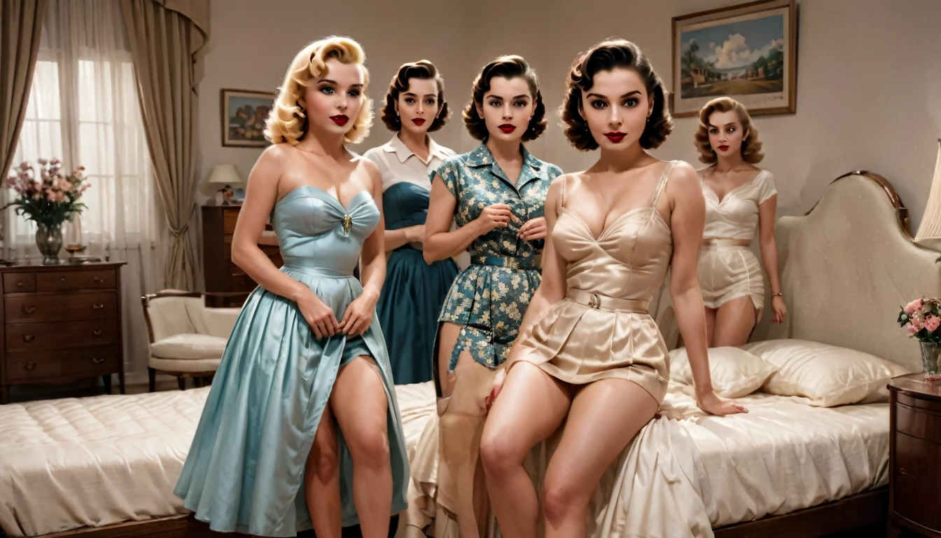 (RAW, Best quality, high resolution, Masterpiece: 1.3), Beautiful scene from the 1950s, ((Hombres y mujeres de los 50s)), ((With typical clothes from the 50s)), enjoying themselves at home in a luxuary bathroom, ((scenery set in a very big bathroom)), 1950s cinematic, image super defined, ((Personas y lugar Hiperrealismo)), 8k. The scene transports us back to the era of the 1950s, filled with classy women dressed in the fashion of that time. white silk, They are gathered around a nude blonde woman,the girls are wearing typical clothes from the 50s, low cut dresses, and sexy red underwear,