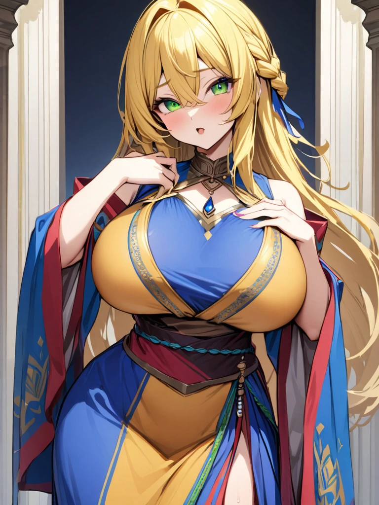 masterpiece,absurdres,8K、solo woman:1.1、huge breast:0.9,french braid、yellow long hair:1.1、green eyes、hair between eyes、little pendant in sapphire:0.9、blue stripes indian costume:1.2、