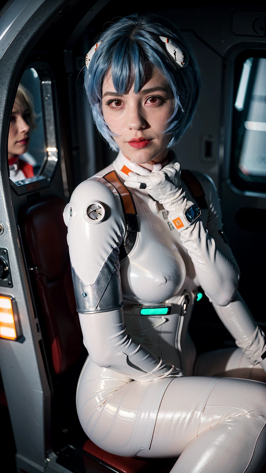 (masterpiece), (best quality), (red eyes), (epiCRealLife), (red lipstick), (j4nu4ryj0n3s) (young woman), (European Model), (Plugsuit), (ayanami_rei plugsuit), interface headset, white bodysuit),(white gloves) (red eyes), (blue hair), (medium breasts), (in a space station scene), (flash photography), (natural lights), (ample lights),( light smile), (pose for picture), (white gloves), (light smile), (sitting in cockpit), (in a spaceship cockpit), (from side)