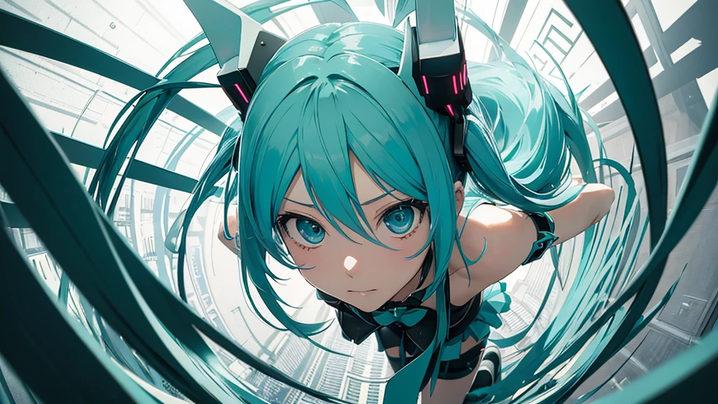 An image depicting Hatsune Miku traveling through the labyrinth of doubt。She's fighting the shadows、Moving towards hope for the future。With a thunderous bass line in the background、There is a bright light that represents hope.、It expresses a powerful figure that paves the way to the future.。