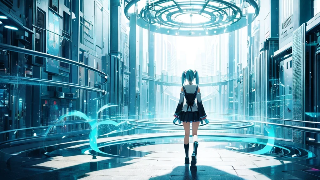 An image depicting Hatsune Miku traveling through the labyrinth of doubt。She's fighting the shadows、Moving towards hope for the future。With a thunderous bass line in the background、There is a bright light that represents hope.、It expresses a powerful figure that paves the way to the future.。