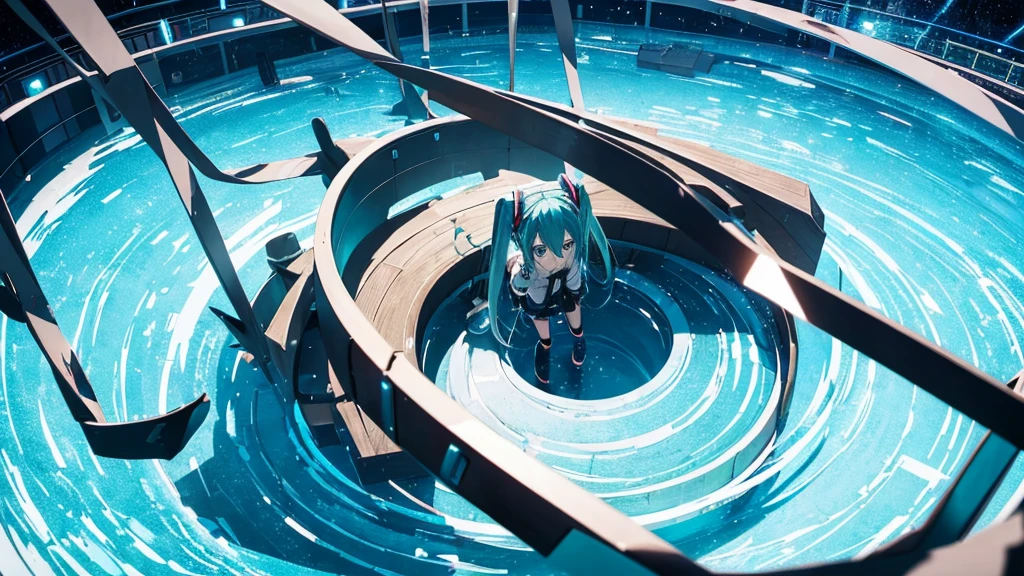 An image depicting Hatsune Miku traveling through the labyrinth of doubt。She's fighting the shadows、Moving towards hope for the future。With a thunderous bass line in the background、There is a bright light that represents hope.、It expresses a powerful figure that paves the way to the future.。
