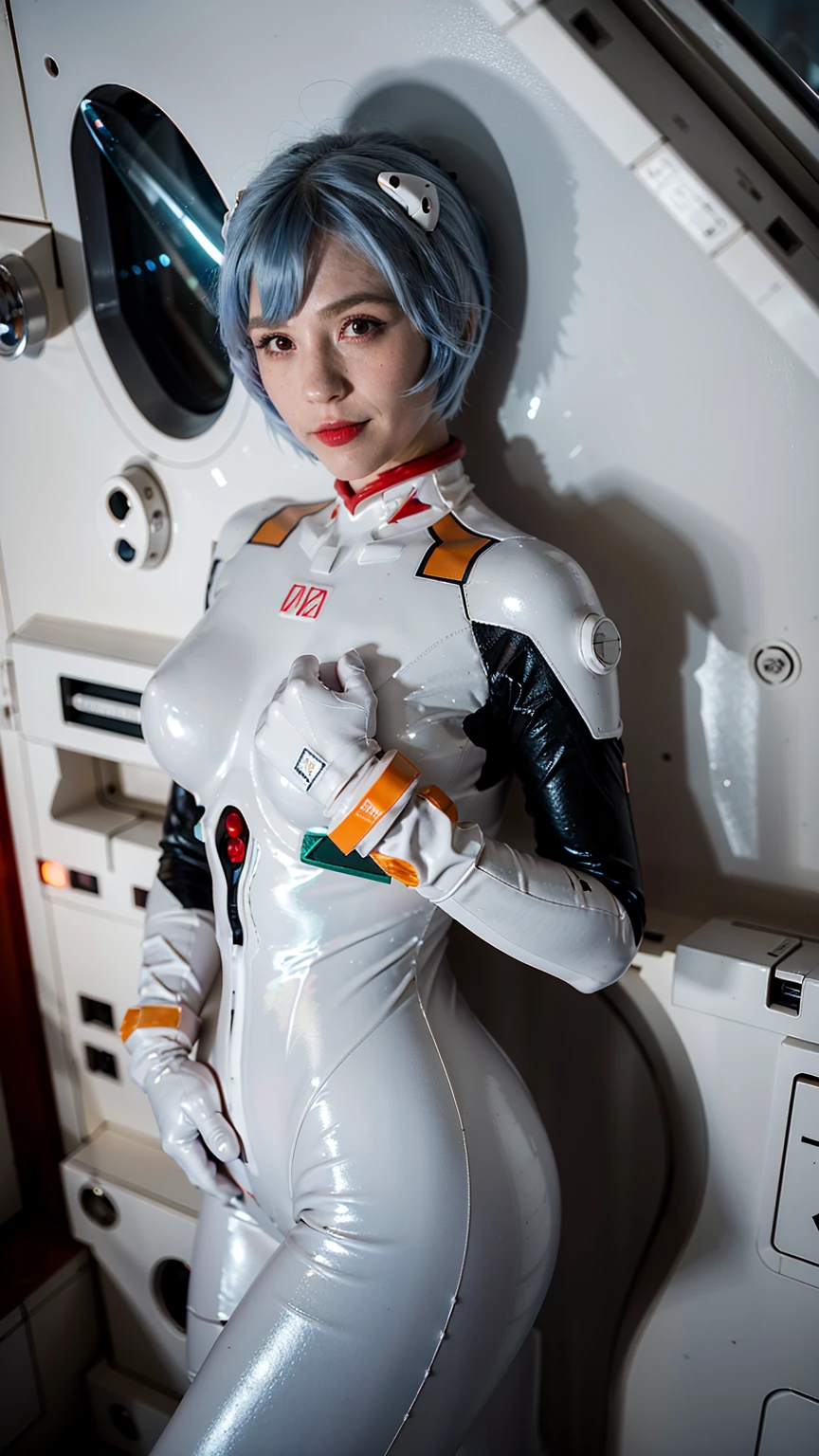 (masterpiece), (best quality), (red eyes), (epiCRealLife), (red lipstick), (j4nu4ryj0n3s) (young woman), (European Model), (Plugsuit), (ayanami_rei plugsuit), interface headset, white bodysuit),(white gloves) (red eyes), (blue hair), (medium breasts), (in a space station scene), (flash photography), (natural lights), (ample lights),( light smile), (pose for picture), (white gloves), (light smile),  (in a spaceship bedroom), (from above), (lying on back), (lying on the bed),