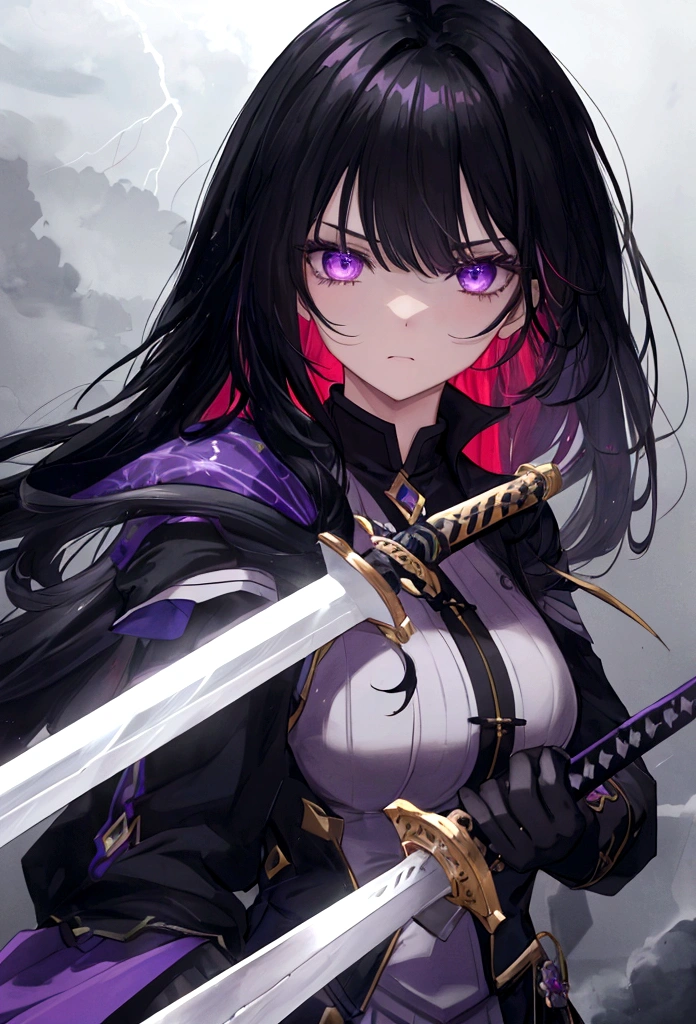 a woman with black hair and white streaks holding a large purple sword, detailed eyes, detailed sword, cinematic lightning