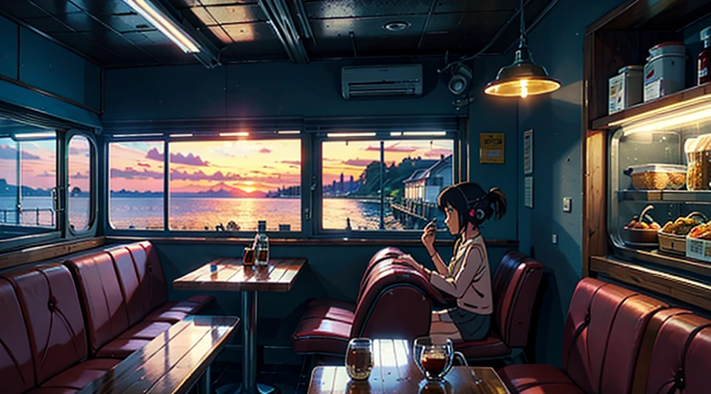 1 girl, 90s anime style, night, coffee shop, moon, Girl wearing headphones, Late Night Cafe, Listening to music alone, City Pop, low quality, Lo-Fi, Chill, late night, Stylish cafe, Dark Room, futuristic night view outside the window, Dark Room,Ghibli-style anime,Studio Ghibli,Studio Ghibli Style HMC, Studio Ghibli Style HMC, Beach sunset bike view,Blues, One girl,landscape,Beautiful sunset,