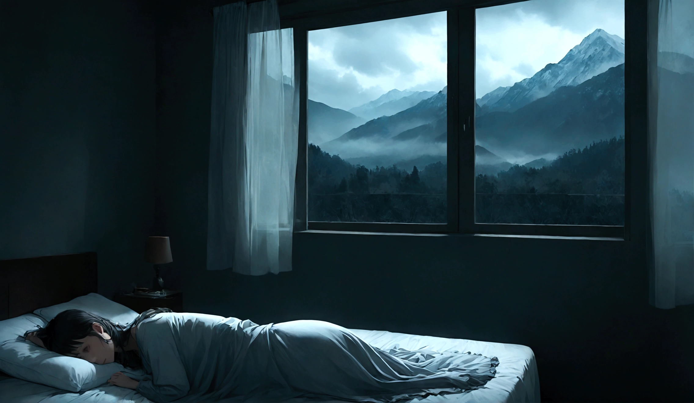 Create an illustration featuring a girl seen from the back as she lies on a bed, looking out of a window. The style should match the reference image provided, capturing the same level of detail, color palette, and atmospheric lighting. The scene should be set in a dimly lit room with a somber, eerie ambiance appropriate for a horror story.

The girl should be positioned on the bed, her body partially covered by a blanket, with her head turned towards the window. The window should reveal distant mountains shrouded in mist to enhance the sense of foreboding. The girl's posture should convey a sense of unease or anticipation, contributing to the overall mood of suspense. Ensure the colors and shadows are consistent with the reference image, emphasizing the contrast between the dim interior and the slightly illuminated outside view.