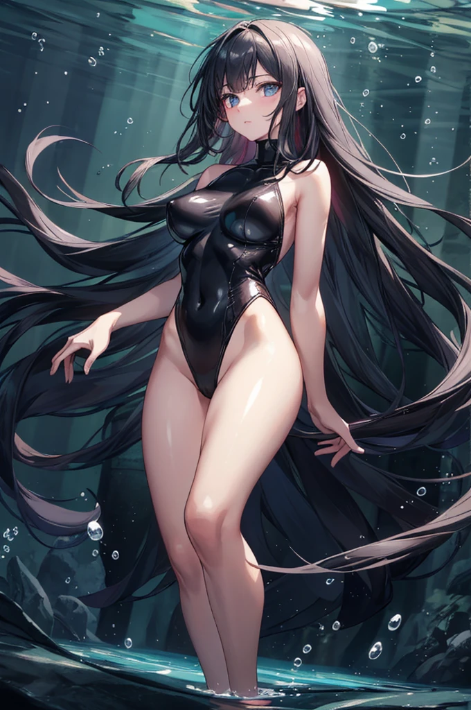 (lady's_whole_body_is_underwater),(standing),(front_view,view_straight),(clear_face,expressionless), break (super_long_black_hair:1.1),shiny_hair, break, super_highleg,black_Leotard,turtleneck, break, Shiny_skin,gleaming_skin, break, Large_breasts,skinny_female, break, bare_shoulders,bare_arms,bare_hand,bare_parm,bare_finger_bare_legs,bare_foot, break, 1lady,solo,dynamic_lighting,dispersion_light,caustics,8K,large_filesize,illustration,beautiful_detailed_face,beautiful_detailed_glow,beautiful_detailed_girl,an_extremely_delicate_and_beautiful,very_high_resolution,finely_detail, 5fingers,five_fingers,