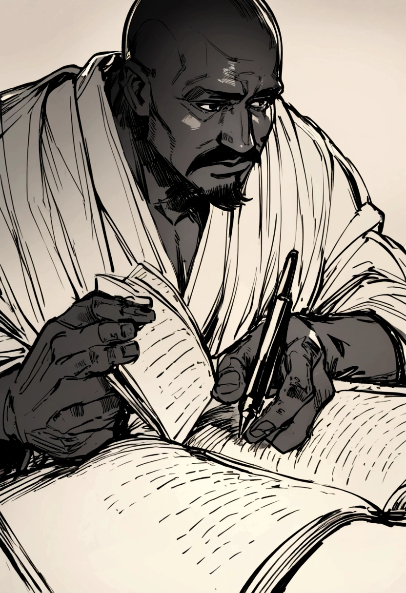A pen and ink sketch of an African black man reading the Bible, with a mustache, goatee, and very short, almost bald-like hair.