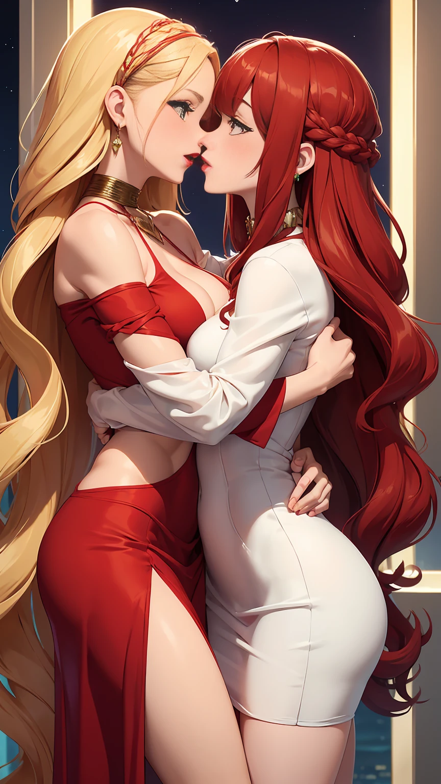 Two beautiful women with long braided red hair and mid wavy blond hair, respectivetly, with green eyes wearing a Short Mock Neck Cut Out Dress, Sexy Criss Cross Mock Neck ((Mid Sleeves)) Dress, ((luxurious jewelry)), standing in a balcony at night, hugging closely and giving each other a French kiss (white skin), (red lipstick), (elegant mascara), (muscular body with abs), (small breasts) midjourney, <lora:GoodHands-, <lora:GoodLegs-, UHD, high resolution, (masterpiece:1.1, best quality), (expressive eyes, perfect face, full body, expressive face, perfect body, athletic, fit, slim body, blushing, Perfect makeup, eyeliner, beautiful eyelashes, smiling, horny face), ((Beige dress)), ((Grey dress)), ((Tight dress)), ((best illumination, best shadows)), ((lesbian French kiss)), (())