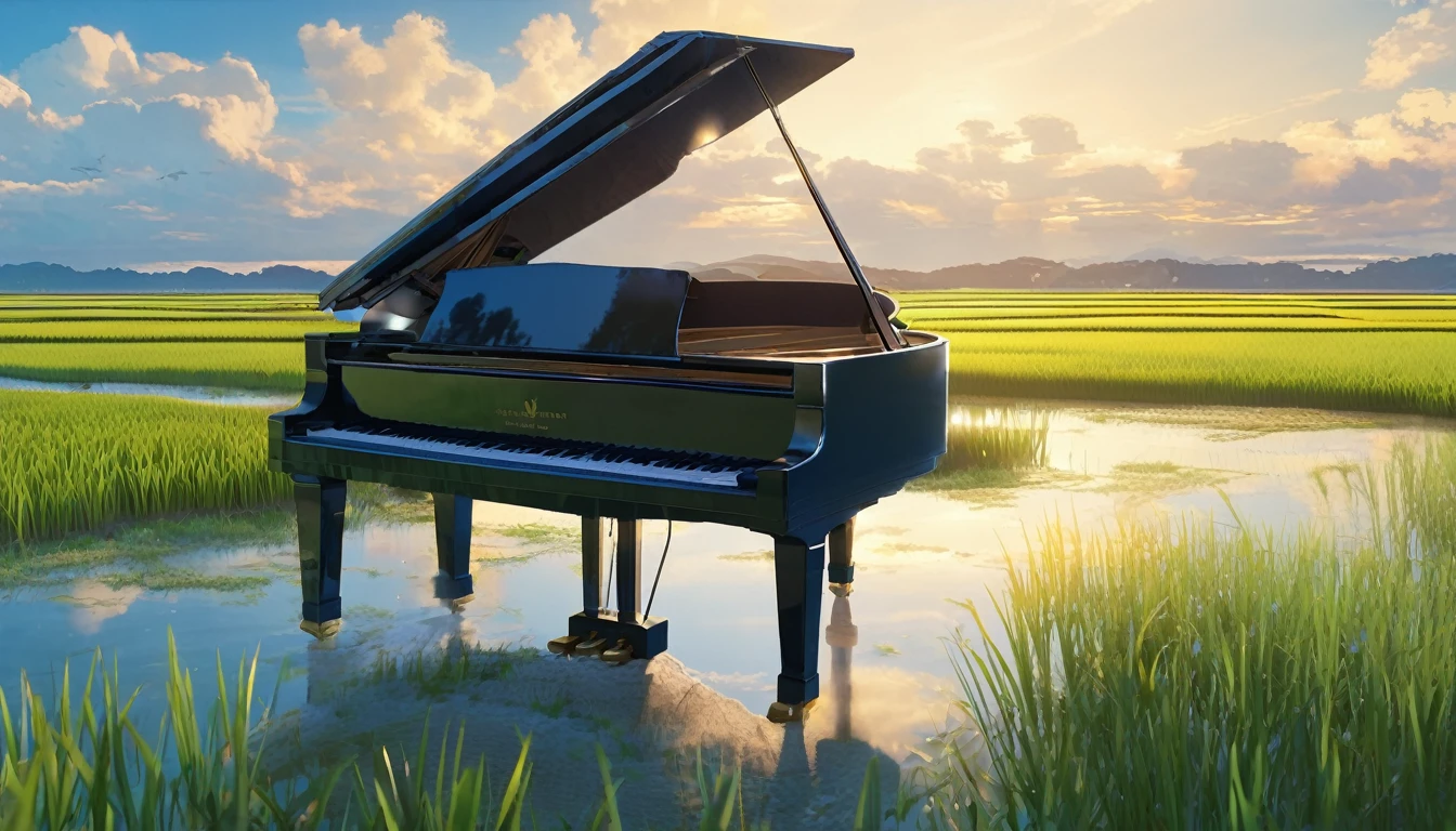 A grand piano placed on a bank in front of a Japanese rice field、The sky is a piercing blue.、Makoto Shinkai style touch、A grand piano placed on the bank in front of the rice fields、The piano is not submerged in water.、A grand piano placed beside a rice field