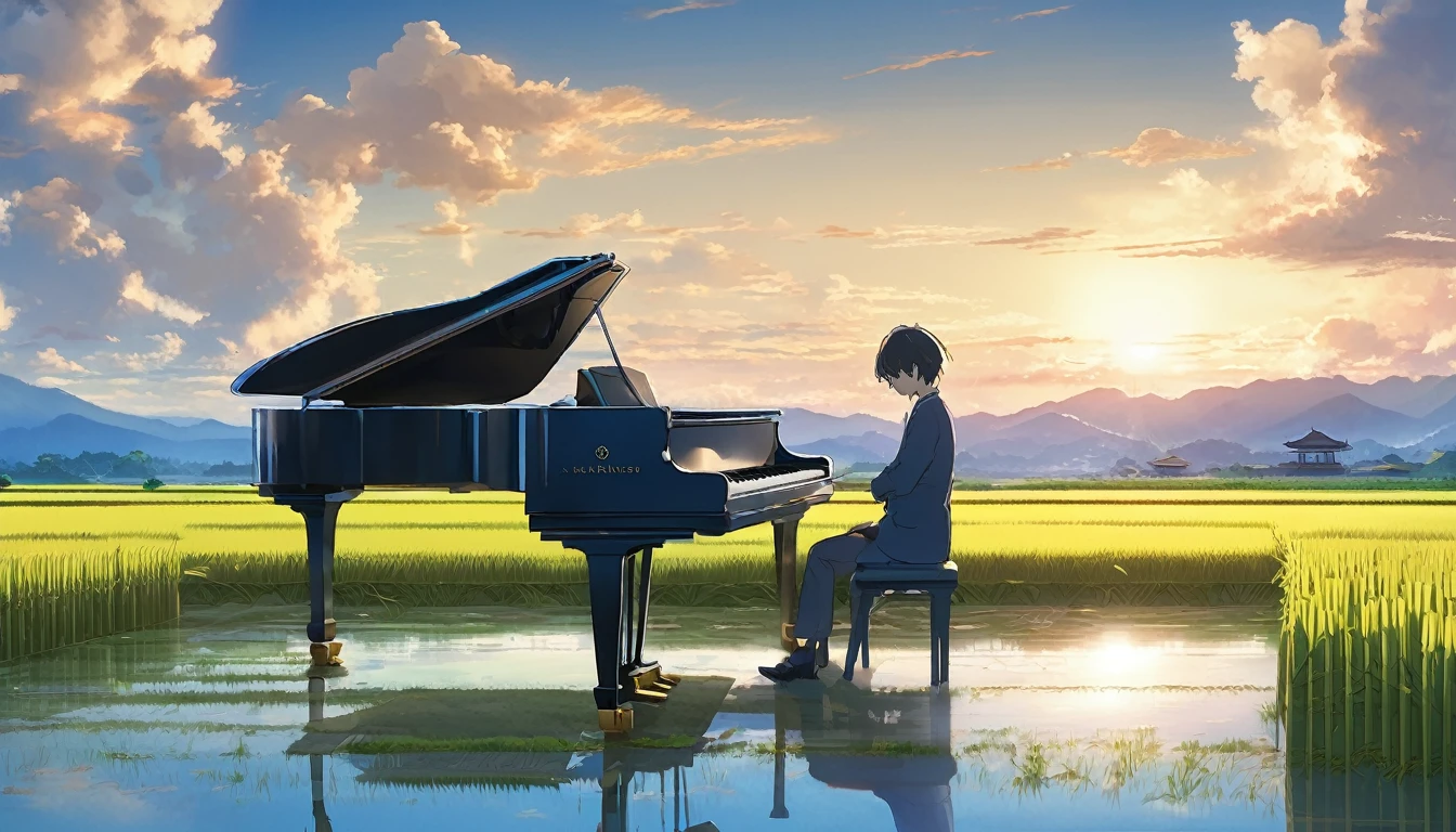 A grand piano placed on a bank in front of a Japanese rice field、The sky is a piercing blue.、Makoto Shinkai style touch、A grand piano placed on the bank in front of the rice fields、The piano is not submerged in water.、A grand piano placed beside a rice field