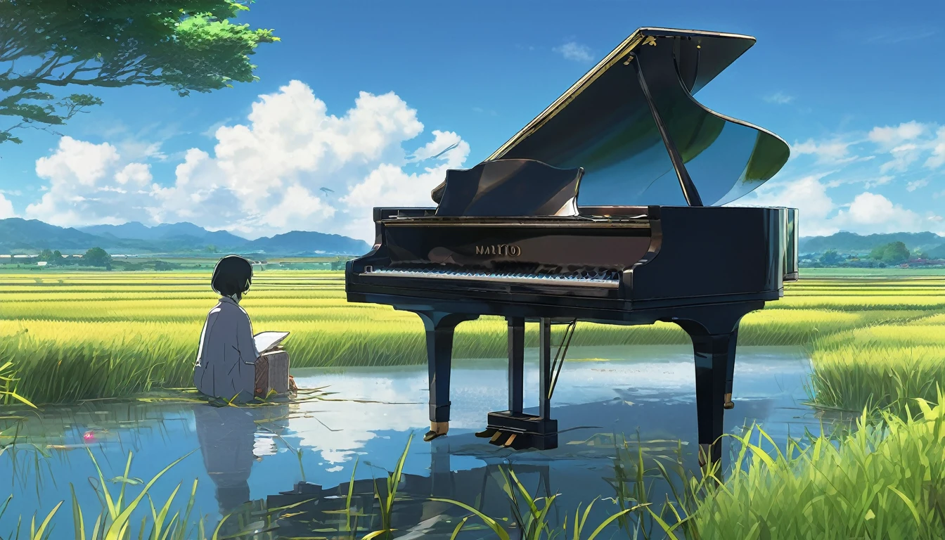 A grand piano placed on a bank in front of a Japanese rice field、The sky is a piercing blue.、Makoto Shinkai style touch、A grand piano placed on the bank in front of the rice fields、The piano is not submerged in water.、A grand piano placed beside a rice field