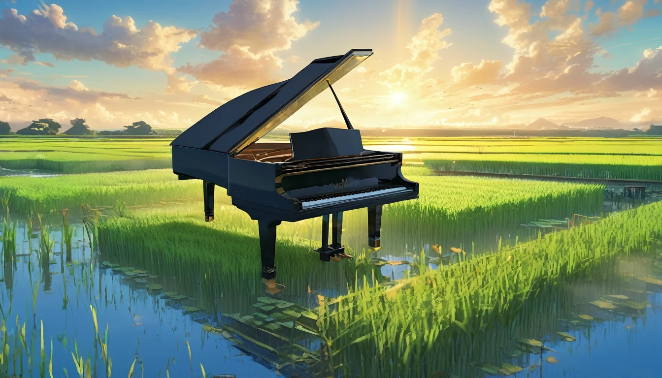 A grand piano placed on a bank in front of a Japanese rice field、The sky is a piercing blue.、Makoto Shinkai style touch、A grand piano placed on the bank in front of the rice fields、The piano is not submerged in water.、A grand piano placed beside a rice field