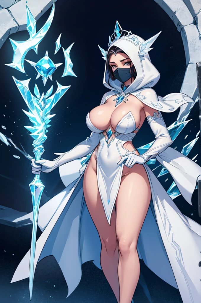 Masterpiece, perfect anatomy, incredible quality. (full body standing) ((huge breasts)) 1 fantasy echicera woman made of transparent white ice, full body echisero ice clothes, hood that covers the face of echisero fantasy made of ice, holding a fantasy echisero staff made of ice,