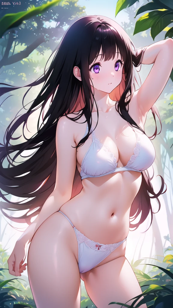 Beautiful Chitanda,只有一个beautiful girl,Purple Eyes, Black Hair, Natural straight hair, Straight bangs,Extremely refined,open your lips,Face is so red,Very white skin,Skin as delicate as porcelain,Glowing skin,big eyes,Flowing long hair,beautiful girl, Like a dream,Slim,Slim waist,Soft, (Sensual), (Kawaii), Dream quality,In the rainforest,Show your armpits,Sweaty and sweaty,Profile,Side breasts,Underwear Rain,Completely naked,Gluteal groove,Completely naked的背部,nacked hip,Bare belly,very close,Deep V neckline,Loose neckline,Beautiful big breasts,No pants,Delicate clavicle,Delicate hands and feet,Bare neck,There is no decoration on the neck,Bare thighs,Exposing the groin,Camel toe,extremely shy,Ultra-high resolution, (masterpiece:1.2, best quality), (Delicate and beautiful eyes: 1.2), (Beautiful and delicate face)