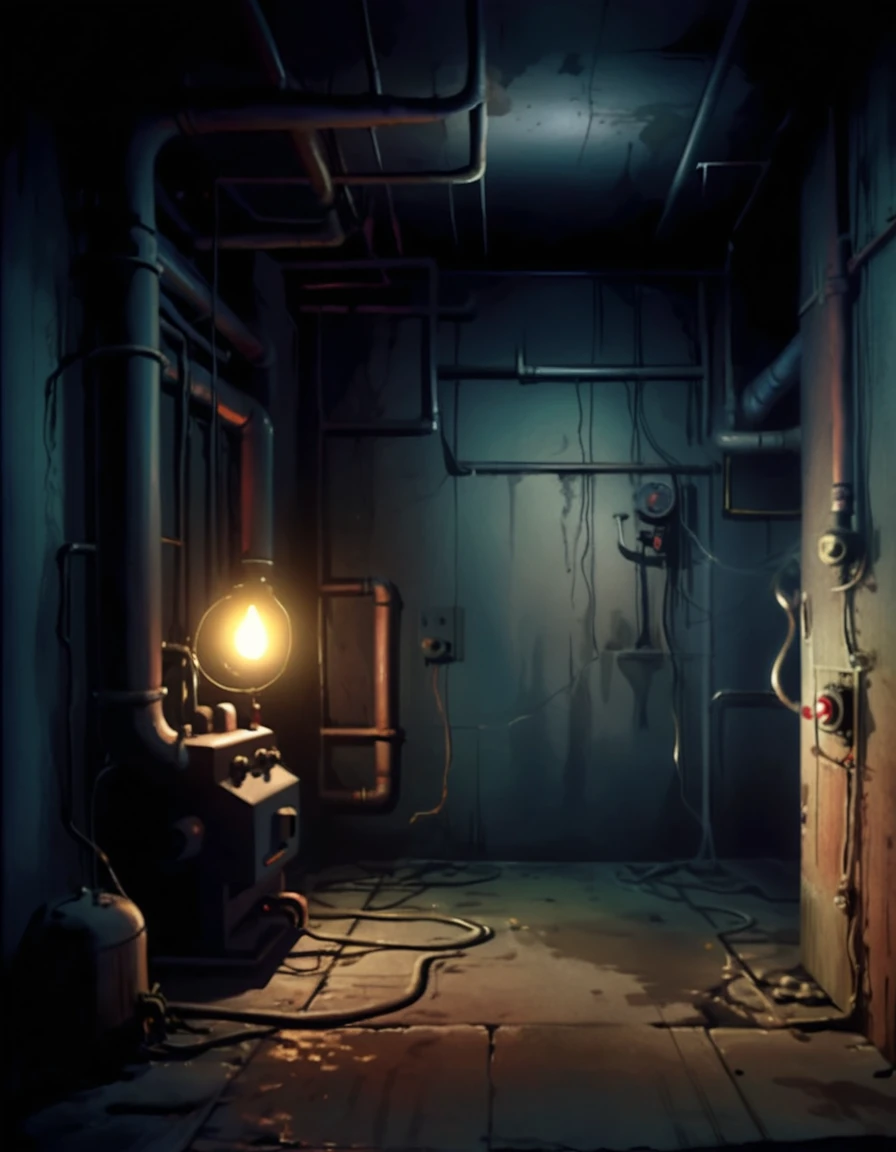 horror creepy boiler room, no lights, hyper realistic, horror, dark background, dark atmosphere, horror lighting, detailed, cinematic lighting, chiaroscuro atmosphere