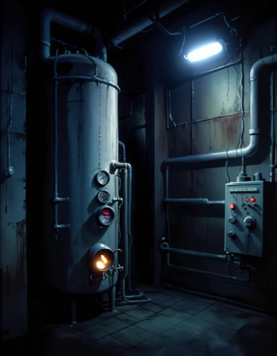 horror creepy boiler room, no lights, hyper realistic, horror, dark background, dark atmosphere, horror lighting, detailed, cinematic lighting, chiaroscuro atmosphere