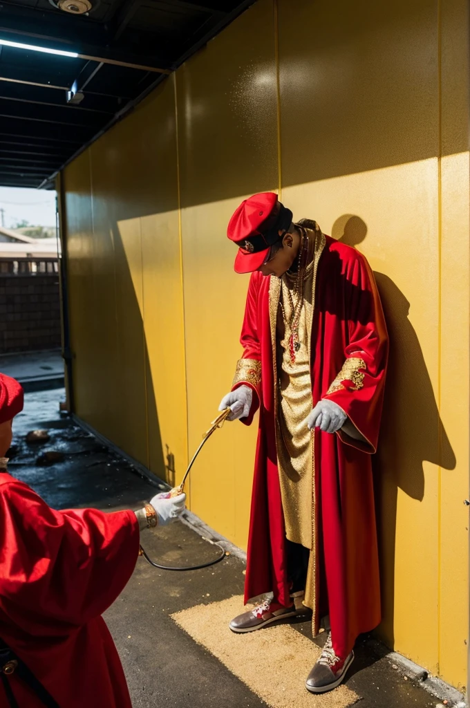 Wizard in red robe and red hat dripped out in gold chains spray-painting a wall , security camera view