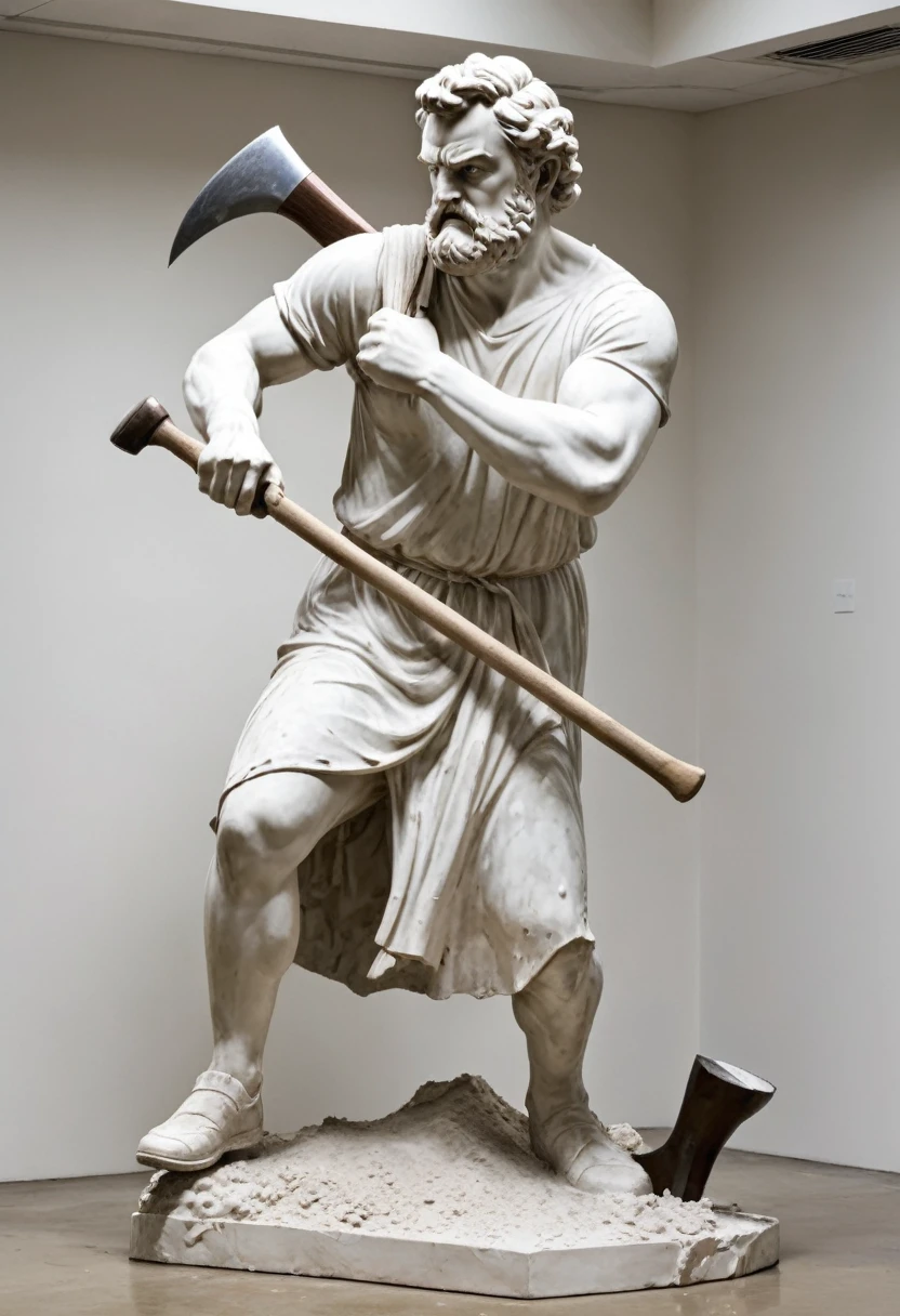 Plaster statue of a man who has an ax in one hand and is about to attack. The face of the statue is facing