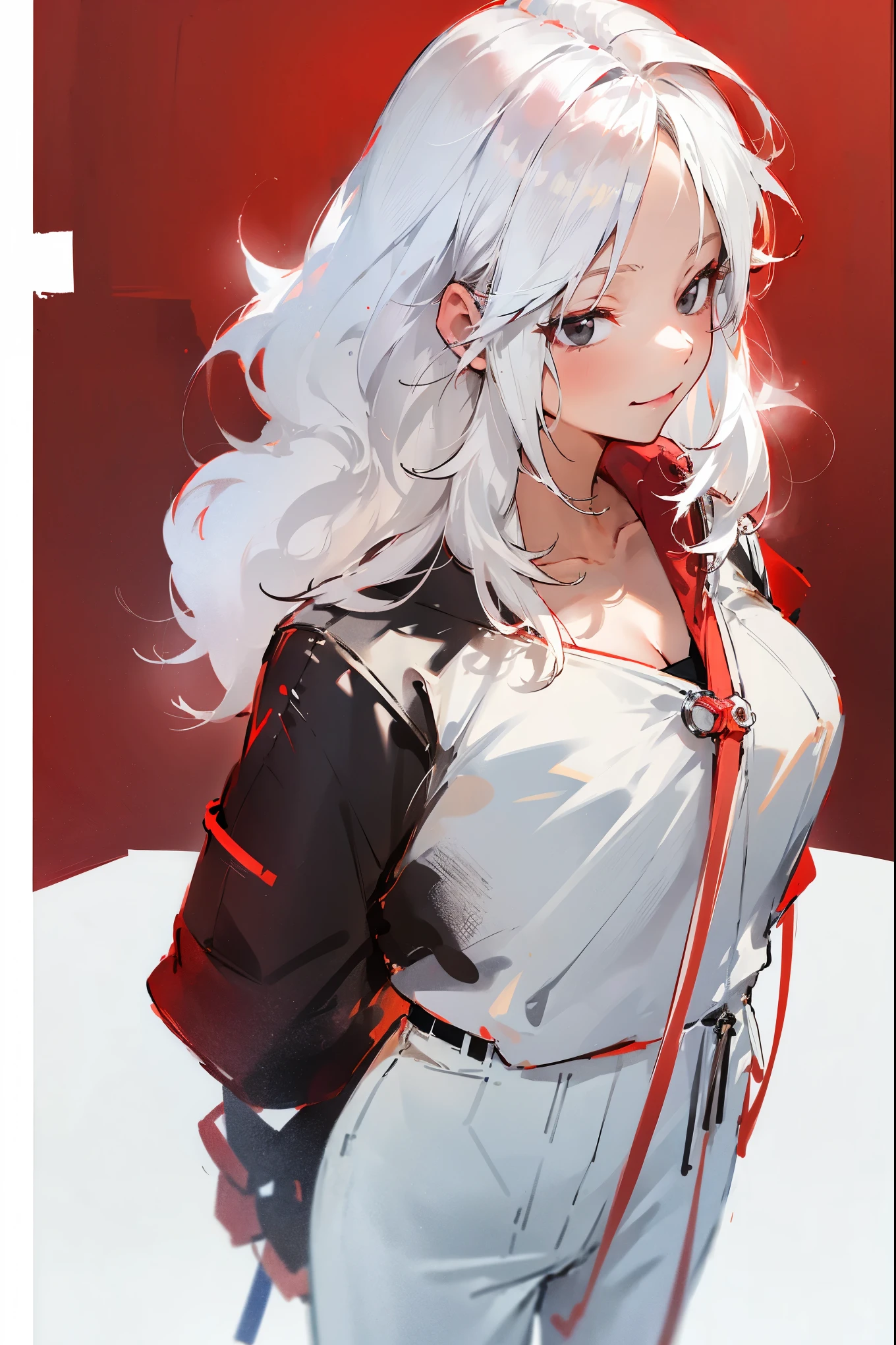 1female, white hair, red oumbre hair, two toned hair, black eyes, smiling, white undershirt, red baggy jacket, white pants, city background, detailed background, hands to side, standing on path