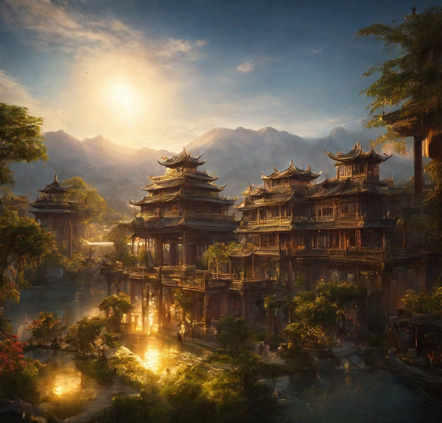 A stunning golden city, beautiful landscape, golden light, sun shining in the sky, detailed oriental house, intricate architecture, lush vegetation, serene pond, magnificent monuments, ornate details, photorealistic, 4k, ultra-detailed, realistic lighting, vibrant colors, cinematic composition, masterpiece