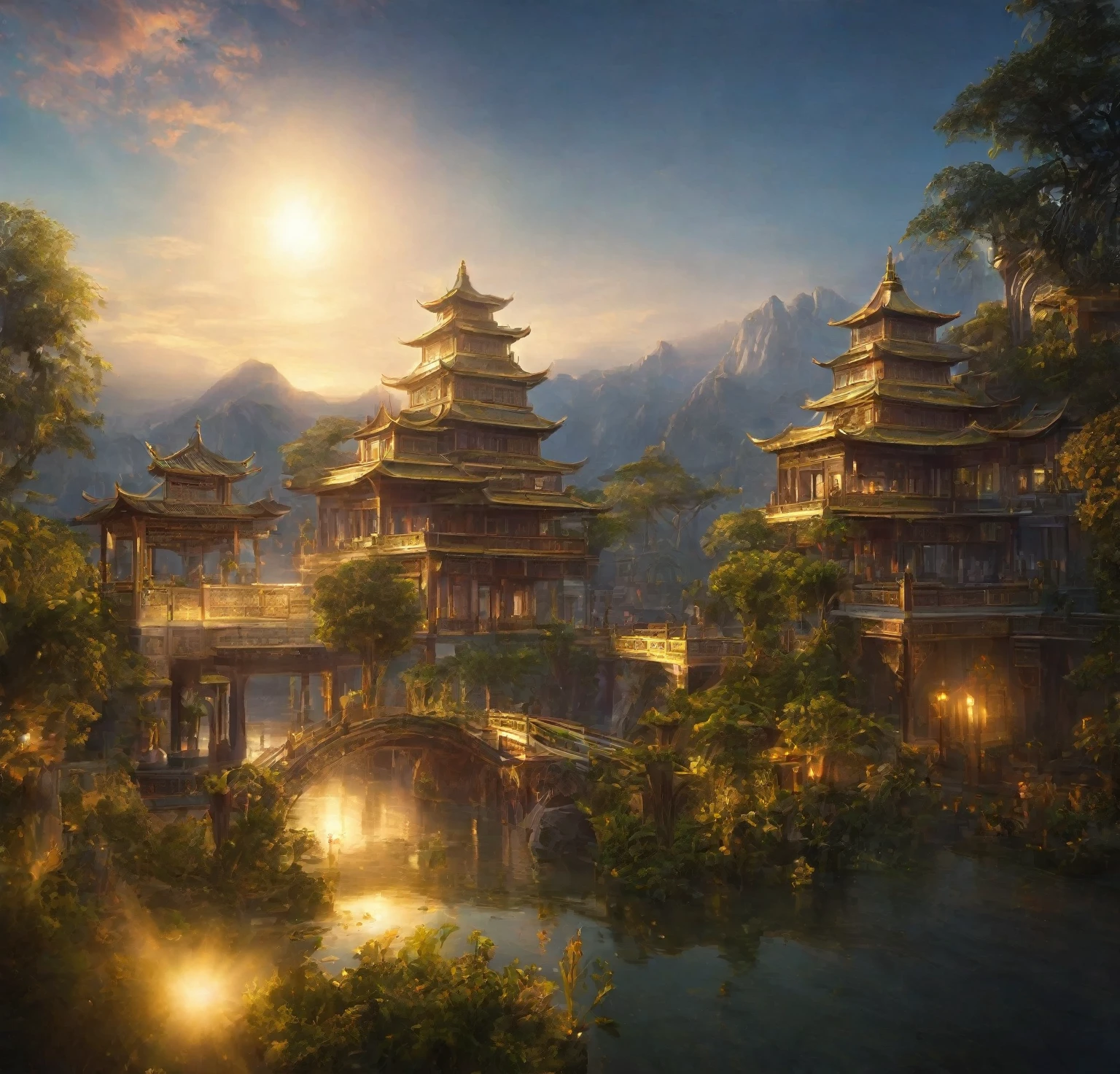 A stunning golden city, beautiful landscape, golden light, sun shining in the sky, detailed oriental house, intricate architecture, lush vegetation, serene pond, magnificent monuments, ornate details, photorealistic, 4k, ultra-detailed, realistic lighting, vibrant colors, cinematic composition, masterpiece