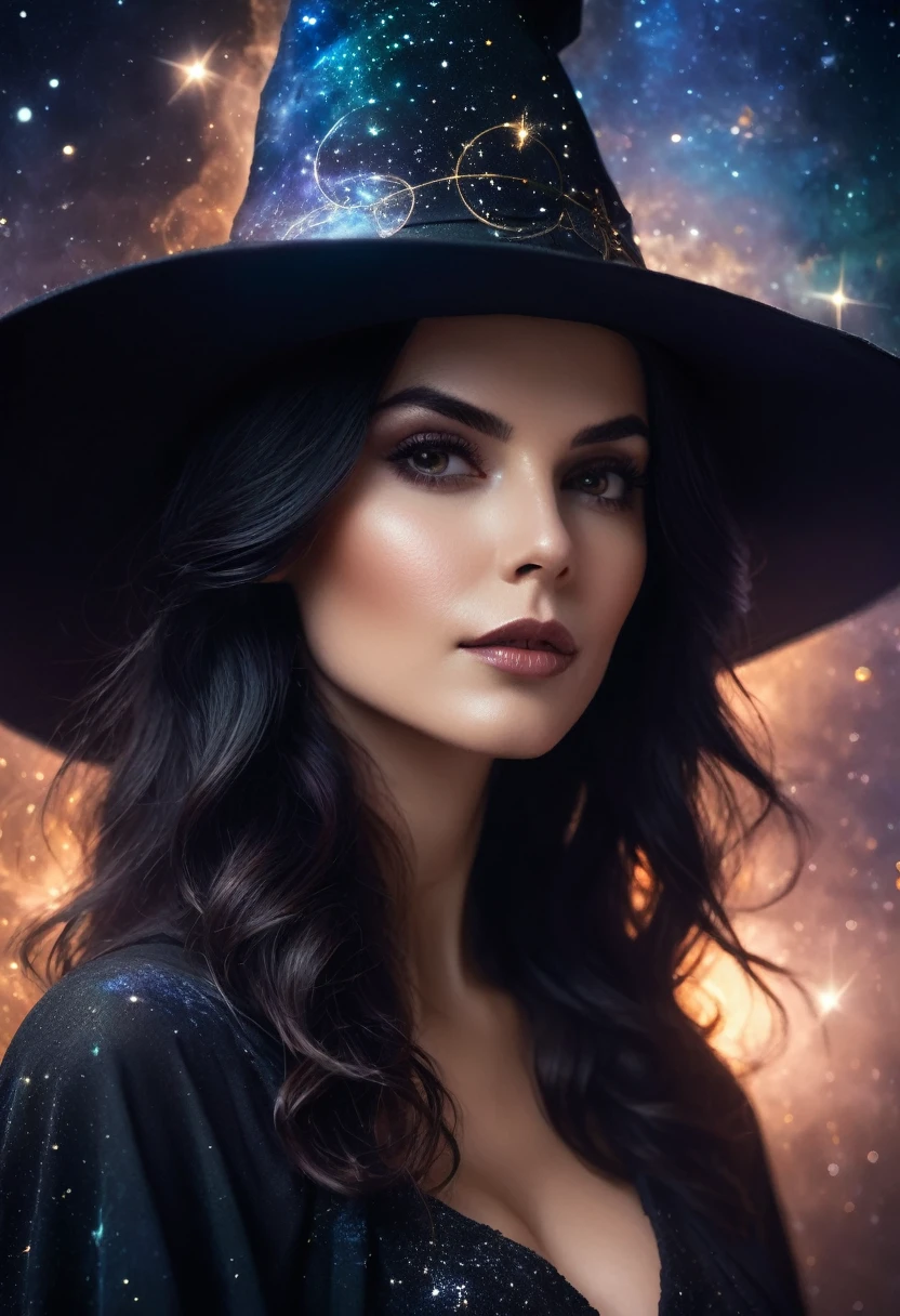 a beautiful woman WITCH WITH A hat and UNIVERSE,STARS the Style-RustMagic, Aum, (atmosfera escura:1.2), (Mist & smoke), (noite escura:1.3), Cicatrizes, (shaggy medium length dark hair:1.1), (sombra:1.1), (brilho lindamente detalhado:1.2), (cinematic lighting), detalhe intrincado, high resolution,
