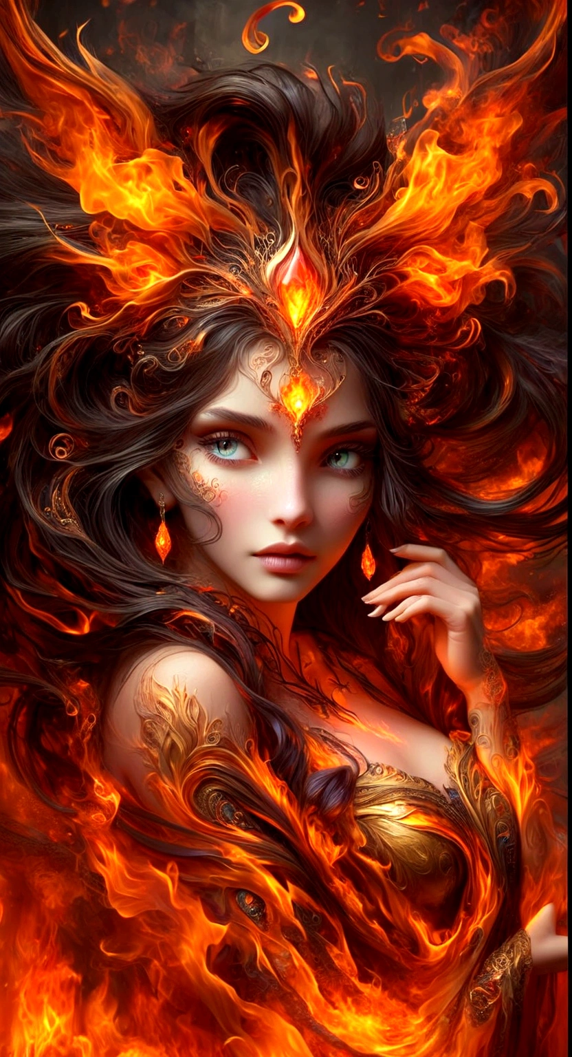 This is a realistic fantasy artwork prominently featuring realistic fire, including wisps of flames, glowing hot embers, subtle curls of smoke, and a beautiful fire druid. The druid stands in the midst of a raging inferno with an interesting composition. Her face is expertly sculpted, with elegant and refined features and perfect shading and realistic skin texture. Her (orange and gold eyes) are stunning and are the focal point of this image. (Her (((eyes extremely detailed))), beautiful detailed eyes, and macro). Her (((eyes feature intricate detailing with clearly defined irises))) and bright sclera. Her soft lips are smooth and very puffy, and her skin is adorned with a light flush and ornate fire detailing. Her long gown is stunning and expensive, and is made of pure flames and glittering, ornate jewels that glimmer in the fire light. Her billowing gown glitters from the flames and features a delicately and intricately embroidered bodice with wisps of flames running across it. Include fantasy elements like bumps, stones, fiery iridescence, glowing embers, silk, and an interesting background. Include fiery magical creatures such as fiery birds and fiery butterflies that give off a magical and mystical aura. Lighting: Utilize the latest trends in lighting to enhance the artwork's beauty. Camera: Utilize dynamic composition to create a sense of urgency and excitement. Take inspiration from the current masters of the fantasy genre, including trending artists on Artstation and Midjourney. ((masterpiece))