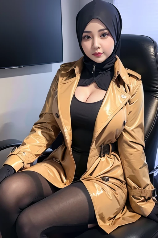 RAW, Best quality, high resolution, masterpiece: 1.3), beautiful Malay woman in full hijab,Masterpiece, perfect  fit body, big breast, Soft smile,thick thighs,muslim close up of a woman, wearing elegant casual clothes, modern hijab, girl in sexy office suit, wearing a sexy latex trench coat that have ((( dramatic high collar of coat))),. Wearing long gloves and long boots, cleavage cutout, sexy office clothes, Excellent lighting, Bright colors, Clean lines, sexy sit on boss chair, she has arrogant pose, wearing sunglasses, gloves and boots, Full body, nudity