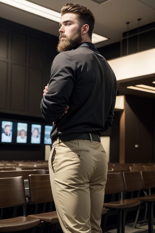 Cinepolis employed, young man, bearded, caucasian, profile side, big butt, khaki color tight trousers, hunk