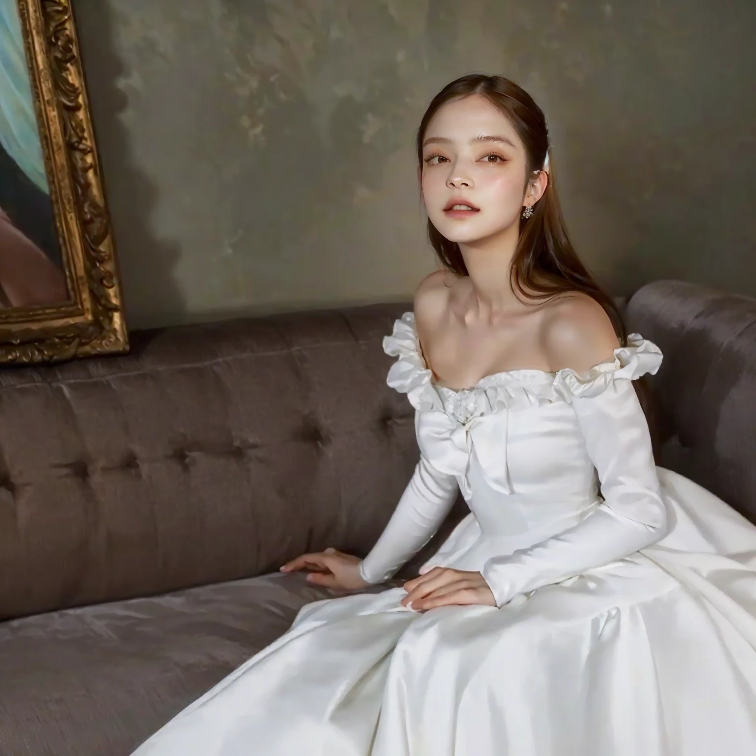 there is a woman sitting on a couch wearing a white dress, non-rococo style dress, inspirado em Franz Xaver Winterhalter, inspirado por Thomas Lawrence, inspirado em Nina Petrovna Valetova, inspirado em Karl Bryullov, Yelena Belova, vestido branco, vestido georgiano, karol bak de emma watson freira, muitos Merlot, Jennie kim, kim jennie from blackpink