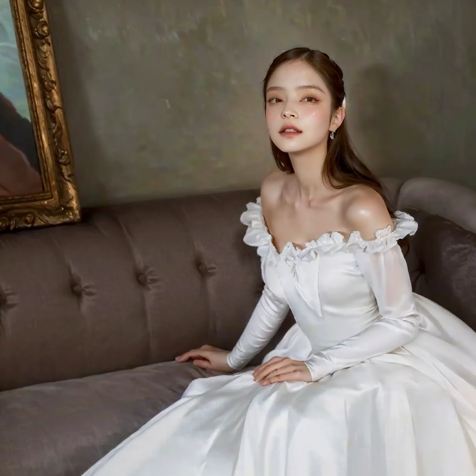 there is a woman sitting on a couch wearing a white dress, non-rococo style dress, inspirado em Franz Xaver Winterhalter, inspirado por Thomas Lawrence, inspirado em Nina Petrovna Valetova, inspirado em Karl Bryullov, Yelena Belova, vestido branco, vestido georgiano, karol bak de emma watson freira, muitos Merlot, Jennie kim, kim jennie from blackpink