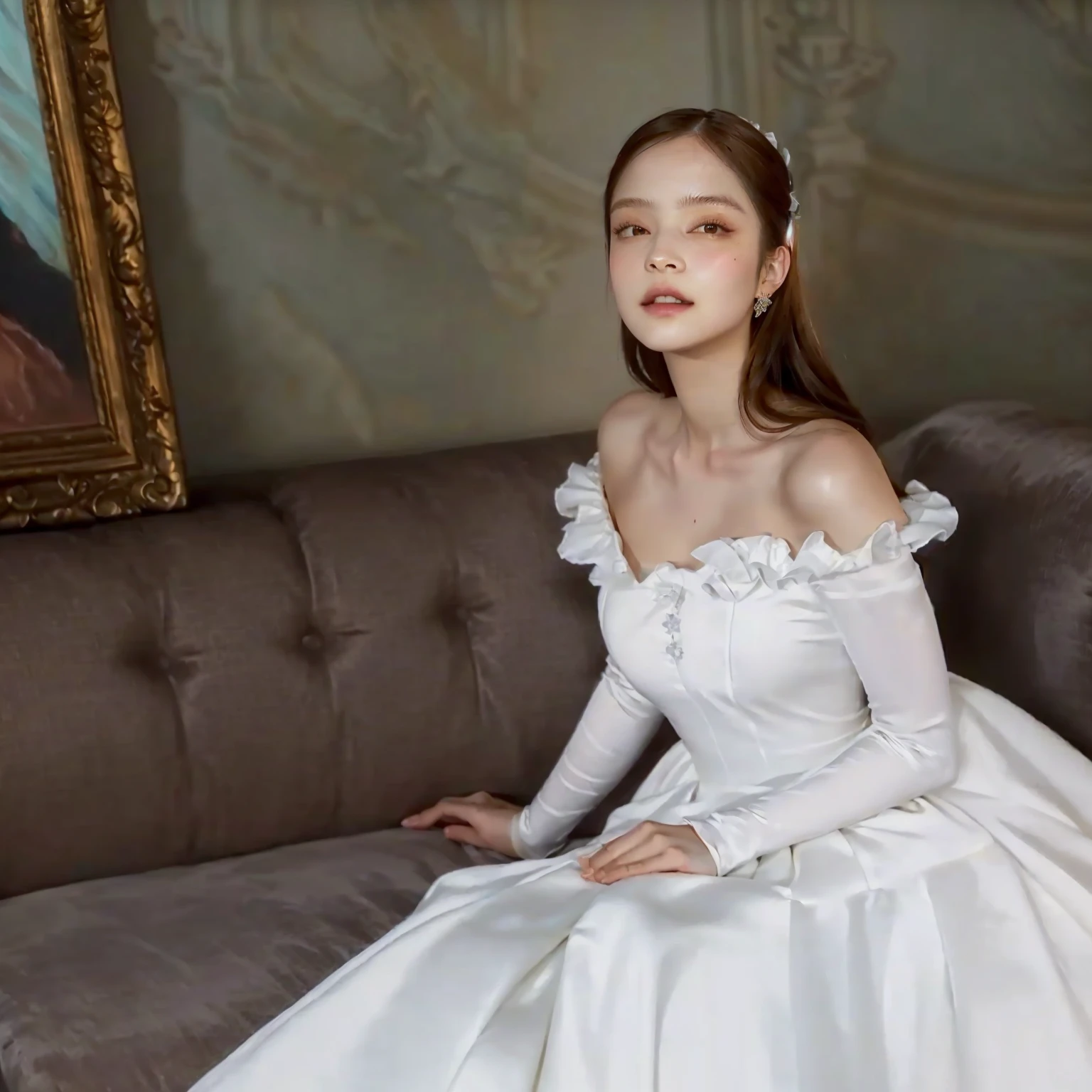 there is a woman sitting on a couch wearing a white dress, non-rococo style dress, inspirado em Franz Xaver Winterhalter, inspirado por Thomas Lawrence, inspirado em Nina Petrovna Valetova, inspirado em Karl Bryullov, Yelena Belova, vestido branco, vestido georgiano, karol bak de emma watson freira, muitos Merlot, Jennie kim, kim jennie from blackpink