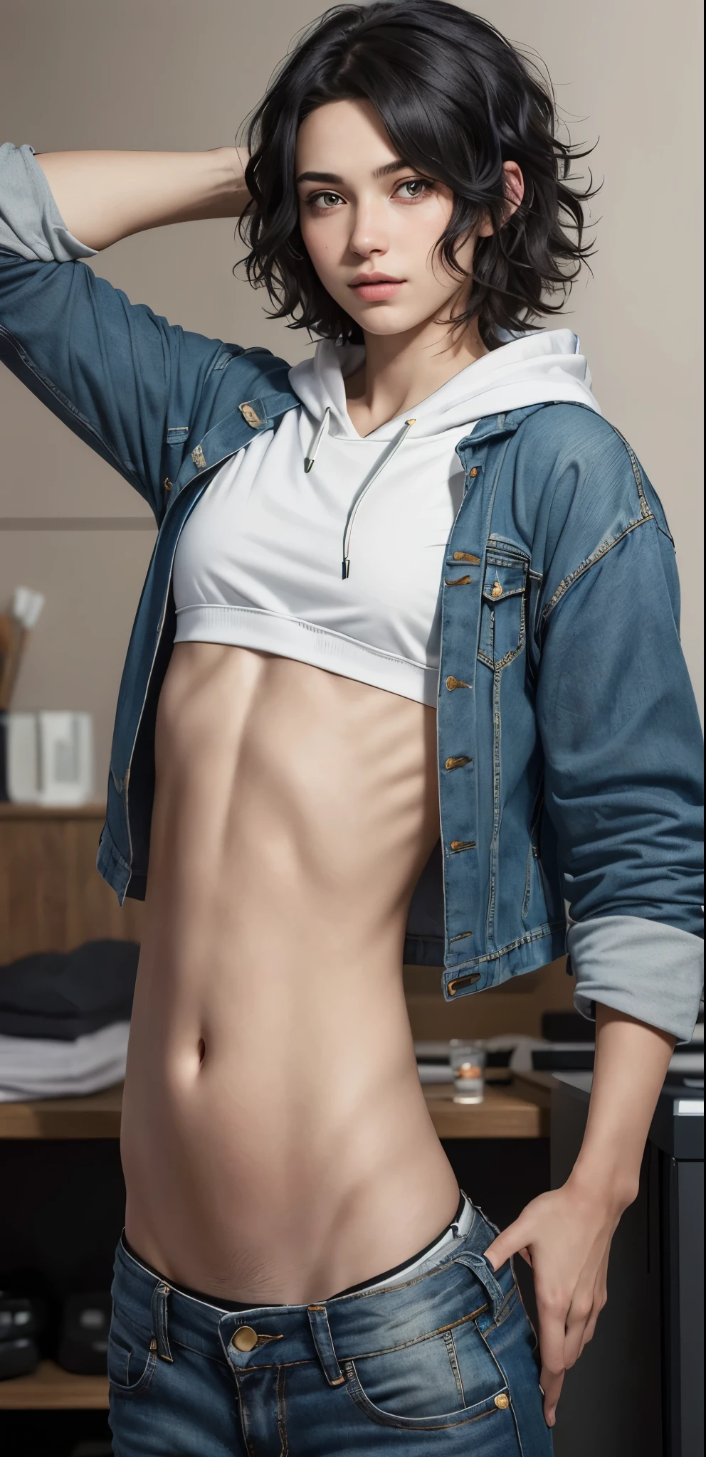 (ultra realistic, highly detailed:1.4), best quality, portrait of an 18 yo. boy, androgynous, short hair, thick fluffy black hair, bedhead,  cropped hoodie, midriff, ((longtorso, ltso):1.45), tall