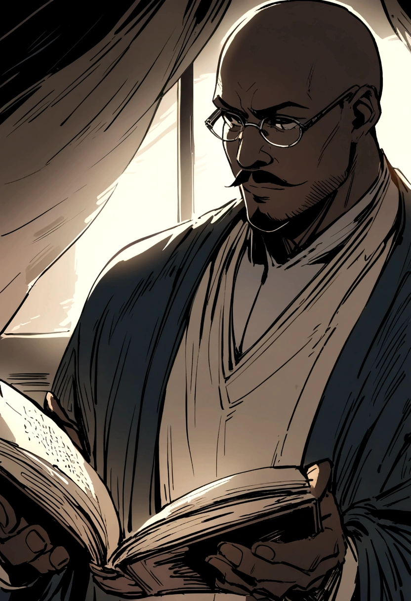 A pen and ink sketch of an African black man reading the Bible, wearing glasses, with a mustache, goatee, and very short, almost bald-like hair. 