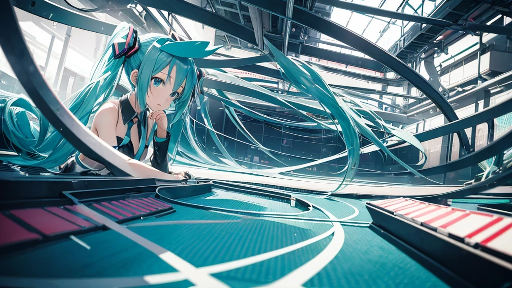 An image depicting Hatsune Miku traveling through the labyrinth of doubt。She&#39;s fighting the shadowoving towards hope for the future。With a thunderous bass line in the background、There is a bright light that represents hope.、It expresses a powerful figure that paves the way to the future.。