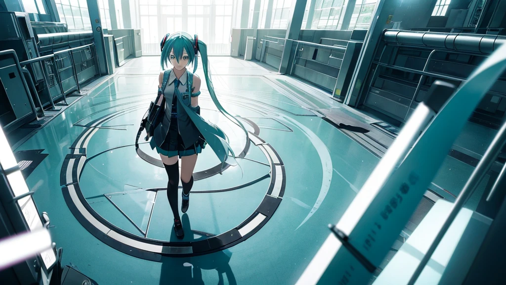 An image depicting Hatsune Miku traveling through the labyrinth of doubt。She&#39;s fighting the shadowoving towards hope for the future。With a thunderous bass line in the background、There is a bright light that represents hope.、It expresses a powerful figure that paves the way to the future.。