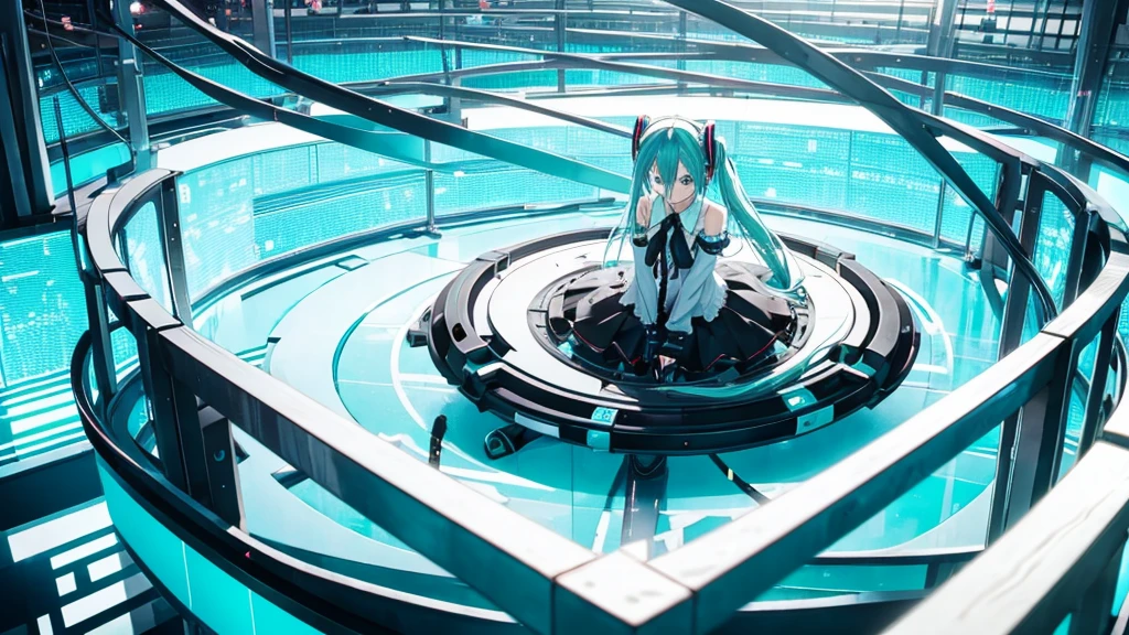 An image depicting Hatsune Miku traveling through the labyrinth of doubt。She's fighting the shadowoving towards hope for the future。With a thunderous bass line in the background、There is a bright light that represents hope.、It expresses a powerful figure that paves the way to the future.。