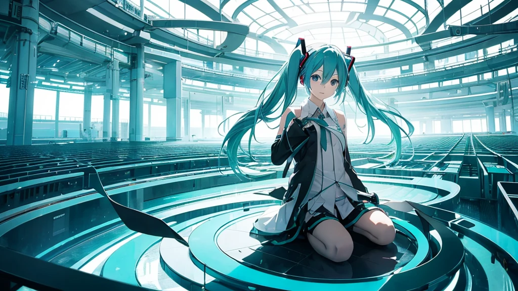 An image depicting Hatsune Miku traveling through the labyrinth of doubt。She's fighting the shadows、Moving towards hope for the future。With a thunderous bass line in the background、There is a bright light that represents hope.、It expresses a powerful figure that paves the way to the future.。